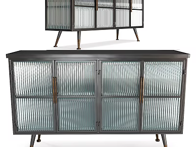 Modern Industrial Sideboard With Ribbed Glass Doors And Metal Tapered Legs 3d model