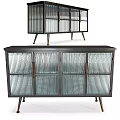 Modern Industrial Sideboard With Ribbed Glass Doors And Metal Tapered Legs