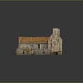 Wooden House With Orange Roof Stone Walls Two Chimneys Sandy Ground And Wooden Cart