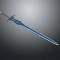 Decorative Fantasy Sword With Orange Hilt Blue Gemstone And Metallic Blade