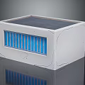 White Solar Panel Equipped Box Structure With Blue Vertical Strips And Textured Surface 3d model