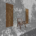 Wooden Outdoor Chair Against Gray Wall With Wooden Shutters Stone Tiles And Tree Shadows