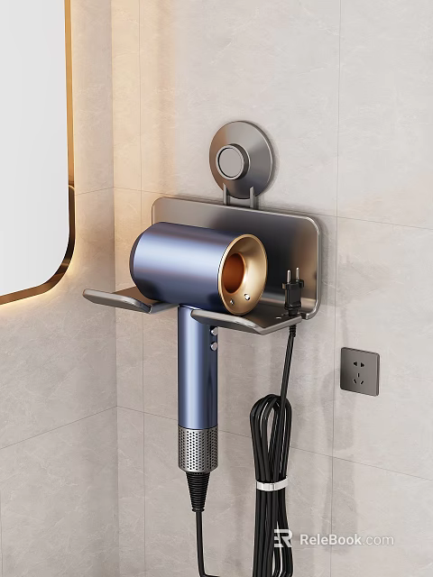 Wall Mounted Hair Dryer Holder With Blue Metallic Dryer On Light Tiled Bathroom Wall 3d model 