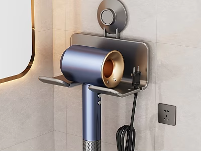 Wall Mounted Hair Dryer Holder With Blue Metallic Dryer On Light Tiled Bathroom Wall 3d model