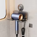 Wall Mounted Hair Dryer Holder With Blue Metallic Dryer On Light Tiled Bathroom Wall