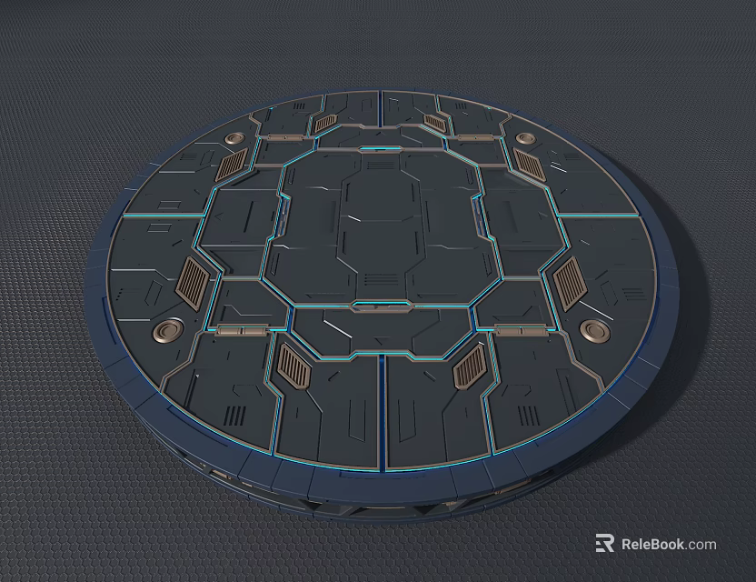Futuristic Circular Platform With Blue Geometric Lines And Tech Panels 3d model 