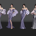 Four Elegant Women Wearing Purple And Silver Strapless Dresses With Puffy Sleeves