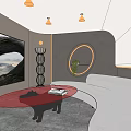 Modern Home Theater Room with Large Screen TV Curved White Sofa Circular Light and Green Plant