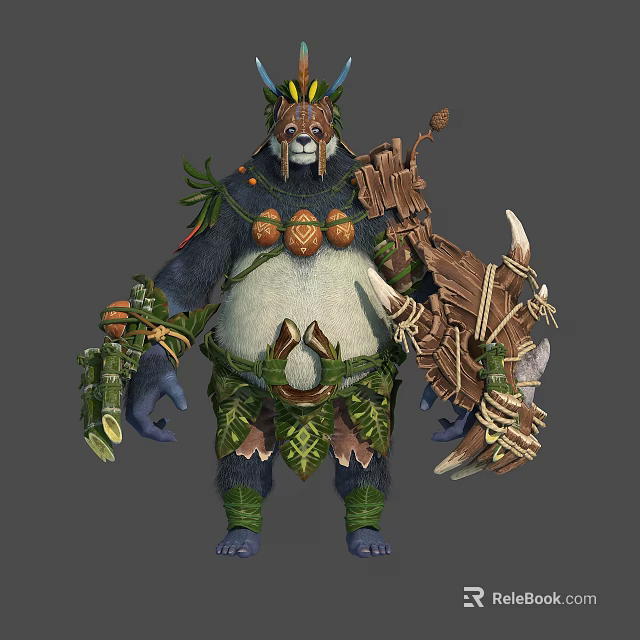 Tribal Panda Character With Natural Green Leaf Decor Ornamental Fruit And Wooden Tools 3d model 