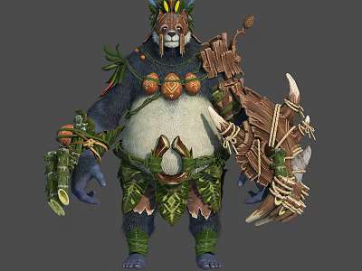 Tribal Panda Character With Natural Green Leaf Decor Ornamental Fruit And Wooden Tools 3d model