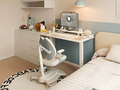Modern Kids Desk With Ergonomic Chair Lamp Computer Monitor And Storage Drawers In Cozy Bedroom 3d model