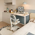 Modern Kids Desk With Ergonomic Chair Lamp Computer Monitor And Storage Drawers In Cozy Bedroom