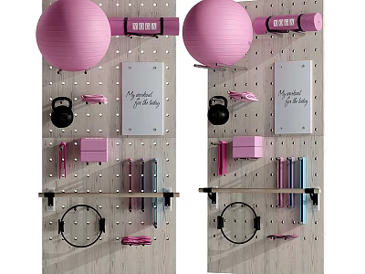 Wall Mounted Sports Equipment Pegboard With Pink Exercise Balls Dumbbells And Yoga Rings 3d model