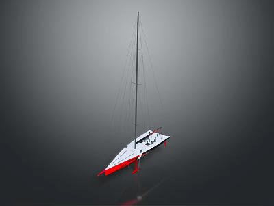 White and Red Sailboat Floating on Gray Background with Water Reflection 3d model
