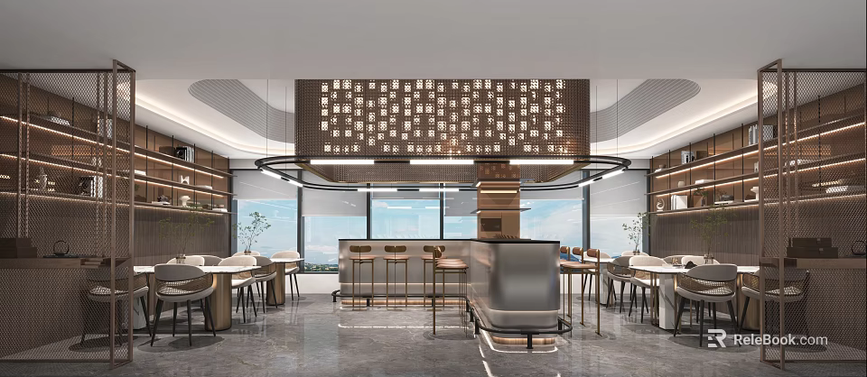 Modern Restaurant Interior With Bar Counter Stools Decorative Wall And Large Windows 3d model 