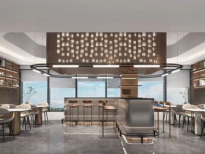 Modern Restaurant Interior With Bar Counter Stools Decorative Wall And Large Windows 3d model