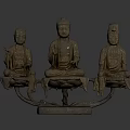 Intricate Carved Buddhist Sculpture With Three Seated Figures On Bronze Base