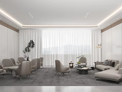Modern Casual Lounge Area With Gray Sofa Chairs Large Windows Green Plants And Rug 3d model