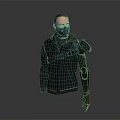Human Character In Black Hooded Jacket With Black Mask And Mechanical Arm With Blue Details
