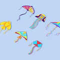 Colorful Kites With Various Shapes And Bright Patterns On Blue Background