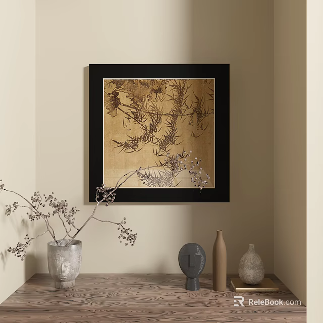 Abstract Leaf Pattern Painting In Black Frame On Beige Wall With Decorative Vase 3d model