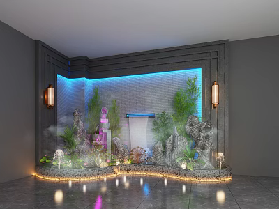 Indoor Landscape with Rockery Green Plants Flowing Water Blue LED Lights and Lantern Wall Lamps 3d model