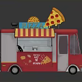 Red Mobile Pizza Truck With Pizza Sign Striped Awning And Slice Decoration