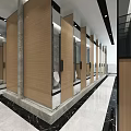 Modern Public Restroom Interior With Wooden Stalls Marble Flooring Plants Decorative Painting And Bright Lighting