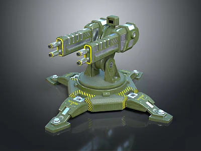 Green Mechanical Turret With Multiple Barrels And Hexagonal Base Yellow Warning Stripes 3d model