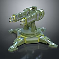 Green Mechanical Turret With Multiple Barrels And Hexagonal Base Yellow Warning Stripes 3d model