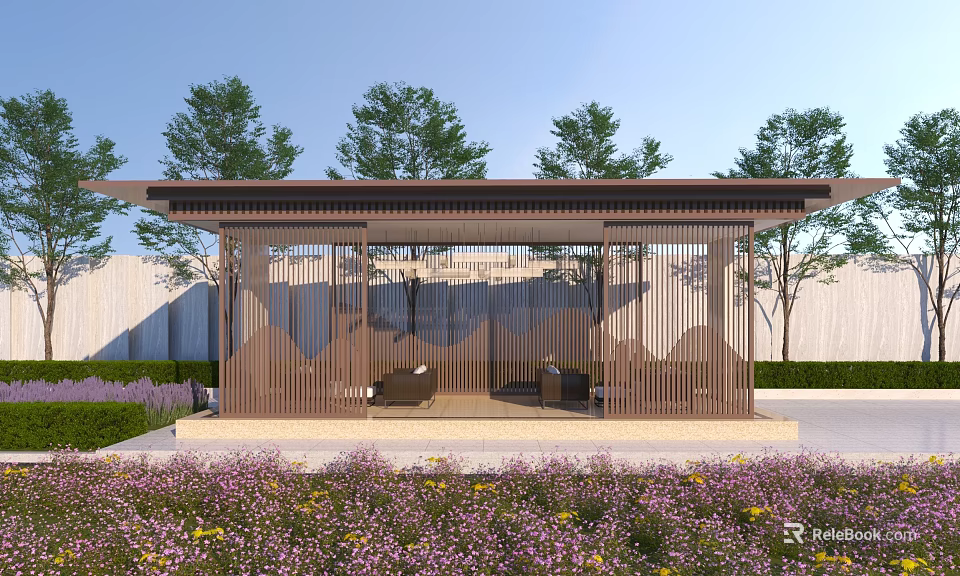 Modern Outdoor Wooden Pavilion With Seating Area Surrounded by Green Plants And Flowers 3d model 