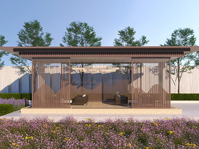 Modern Outdoor Wooden Pavilion With Seating Area Surrounded by Green Plants And Flowers 3d model