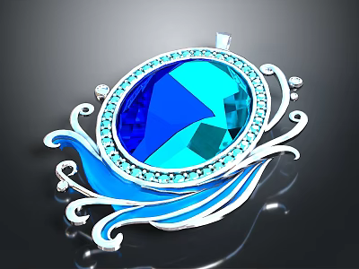 Elegant Blue Gemstone Pendant With Silver Curved Accents And Sparkling Crystals 3d model