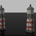 Two Weathered Red And White Striped Lighthouses With Subtle Reflections In Elegant Dark Coastal Scenery