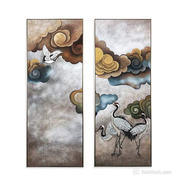 Chinese Style Decorative Paintings With Cranes And Cloud Patterns On Vertical Scrolls 3d model
