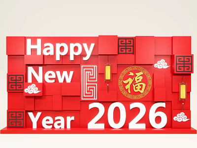 New Year 2026 Event Display Wall With Red Fu Character Lanterns And Cloud Patterns 3d model