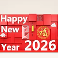 New Year 2026 Event Display Wall With Red Fu Character Lanterns And Cloud Patterns