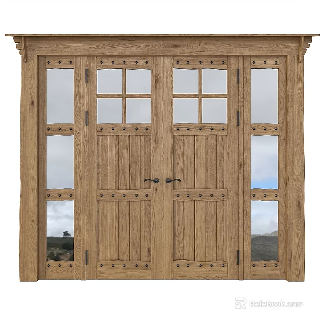 Classic Wooden Double Hinged Doors With Glass Panes And Rivet Details 3d model 