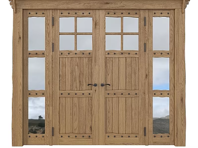 Classic Wooden Double Hinged Doors With Glass Panes And Rivet Details 3d model
