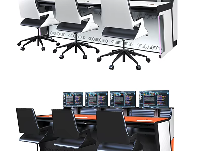 Modern Office Desk Setup With Ergonomic Chairs And Multiple Computer Monitors 3d model