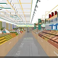 Modern Supermarket Interior with Fish Tanks Shelves Various Products Green Plant Decorations and Bright Lighting