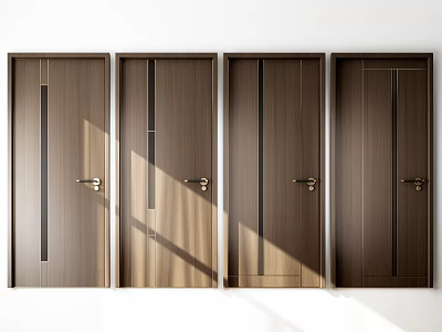Modern Brown Swing Doors With Vertical Stripes And Golden Door Handles Design 3d model