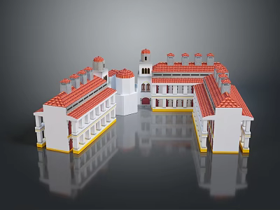 3D Classical Architectural Model With Red Roofs White Walls Symmetric Design And Tower 3d model