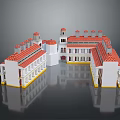 3D Classical Architectural Model With Red Roofs White Walls Symmetric Design And Tower
