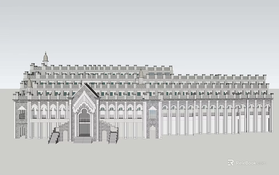 Ancient Stone Architecture Facade With Arched Windows Symmetrical Structure And Classical Decorations 3d model 