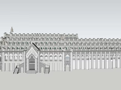 Ancient Stone Architecture Facade With Arched Windows Symmetrical Structure And Classical Decorations 3d model