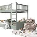 Light Green Bunk Bed with Ladder Guardrails in Kids Room Stuffed Toys Armchair and Rug