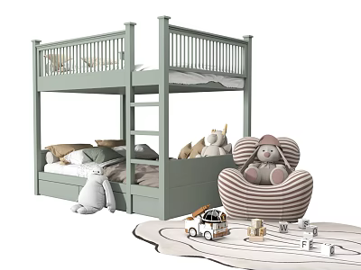 Light Green Bunk Bed with Ladder Guardrails in Kids Room Stuffed Toys Armchair and Rug 3d model