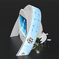 White Curved Exhibition Island Design With Large Screen Showing DNA Structure And Green Plants