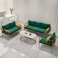 Modern Elegant Sofa Coffee Table Set With Green Sofas Golden Frames And Round Marble Table 3d model